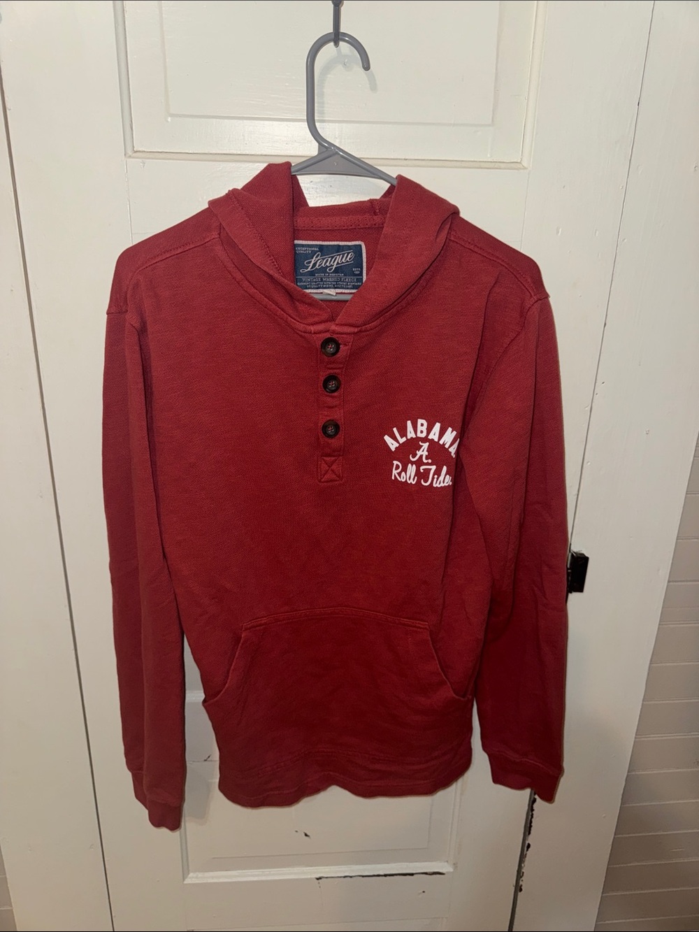 League Men's Crimson Red Henley Hoodie Sweater Small